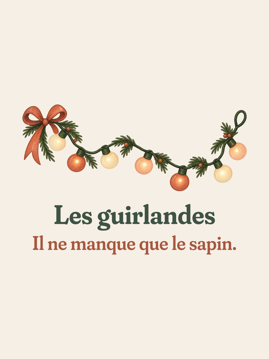 Visuel d’illustration – gros plan du motif : une guirlande lumineuse et « Les guirlandes. Il ne manque que le sapin. »