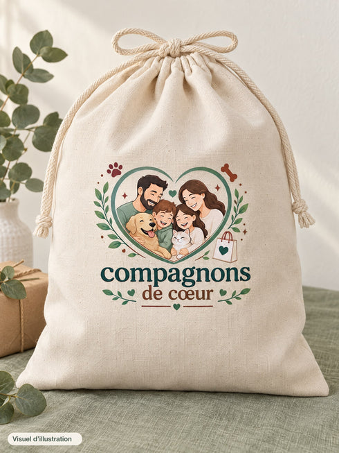 Visuel d’illustration – sac cadeau réutilisable en coton naturel, 38 × 45 cm, fermé par un cordon, avec le logo Compagnons de Cœur imprimé sur le devant
