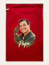 Visuel d’illustration – hotte de Noël en coton rouge cerise, 40 × 62 cm, à plat, vue de face, avec le portrait d’un papa, style Couronne de Noël, texte « Papa » en lettres dorées
