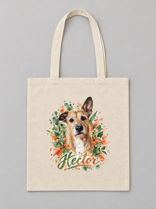 Visuel d’illustration – tote bag en coton naturel écru, à plat, vue de face, avec le portrait à l’aquarelle d’Hector, chien fictif, et son prénom