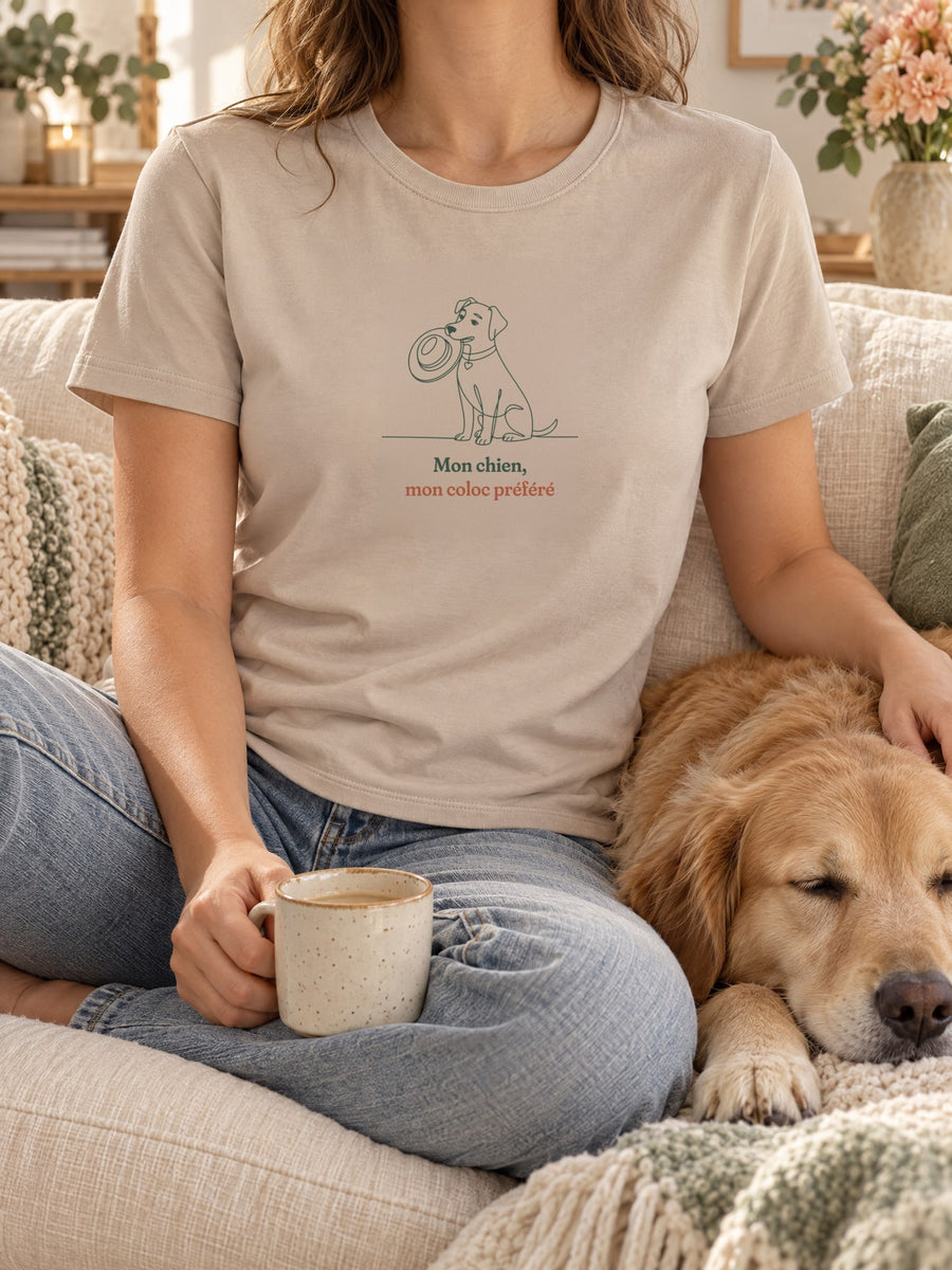 Visuel d’illustration – t-shirt dans une mise en situation, avec le motif un chien assis qui tient un chapeau dans la gueule, dessiné d’un seul trait continu et « Mon chien, mon coloc préféré »