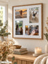 Visuel d’illustration – gros plan sur le cadre photo marron aspect bois à passe-partout blanc, avec quatre photos d’illustration de chiens et de chats, deux en paysage et deux en portrait