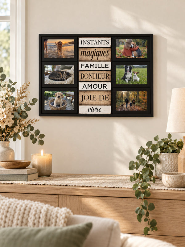 Visuel d’illustration – cadre noir 6 photos « Instants magiques » avec des photos d’illustration de chiens et de chats autour des mots Instants magiques, famille, bonheur, amour, joie de vivre, accroché au mur d’un salon au-dessus d’une console en bois clair, fleurs séchées et bougie