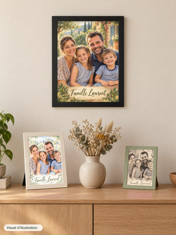 Visuel d’illustration – les trois tailles : cadre noir 30 × 40 cm accroché au mur, cadres 21 × 30 cm blanc et 13 × 18 cm vert posés sur un buffet, avec un portrait de famille fictive, style plein cadre Peinture et un portrait de famille fictive, style plein cadre Aquarelle et un portrait de famille fictive, style plein cadre Crayon sur papier