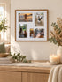 Visuel d’illustration – cadre photo marron aspect bois à passe-partout blanc, avec quatre photos d’illustration de chiens et de chats, deux en paysage et deux en portrait, accroché au mur d’un salon au-dessus d’une console en bois clair, fleurs séchées et bougie