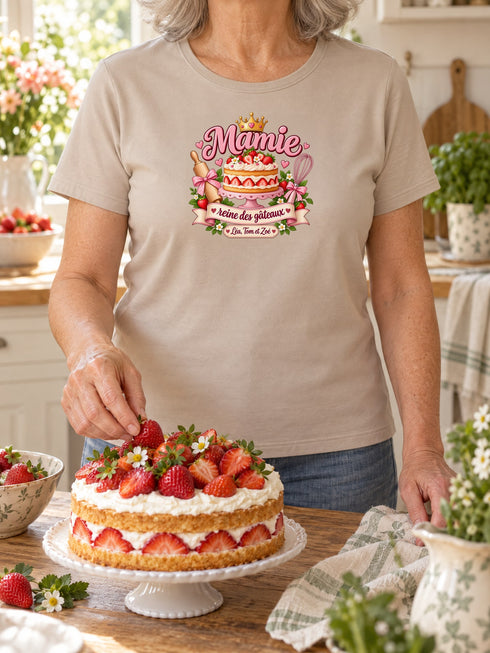 Visuel d’illustration – Grand-mère portant un t-shirt sable personnalisé « Mamie, reine des gâteaux » avec les prénoms Léa, Tom et Zoé