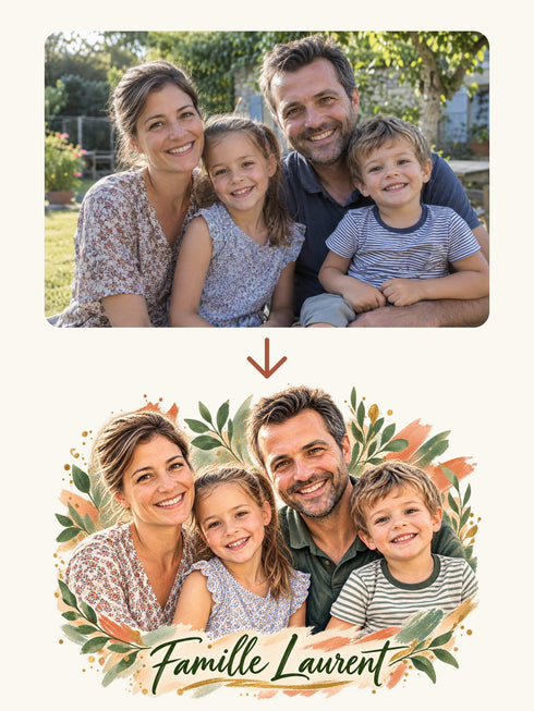 Une photo de famille transformée en portrait illustré, avant impression