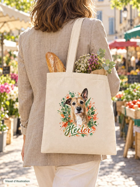 Visuel d’illustration – tote bag porté à l’épaule au marché, vu de dos, avec une baguette et des fleurs, avec le portrait à l’aquarelle d’Hector, chien fictif, et son prénom