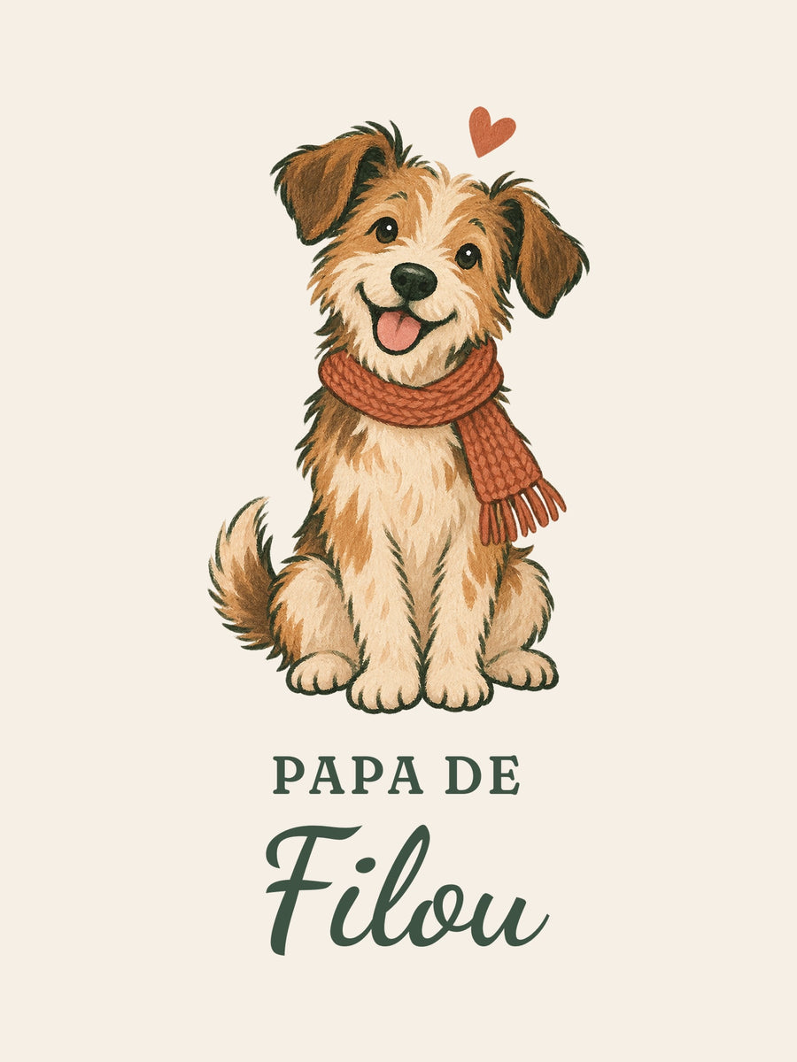 Visuel d’illustration – gros plan du motif : un chien en écharpe et « Papa de Filou » (exemple de prénom)