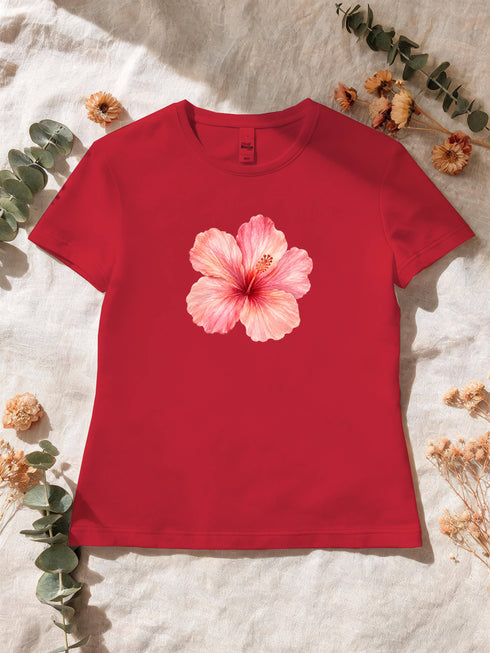 T-shirt femme hibiscus aquarelle coloris Rouge à plat