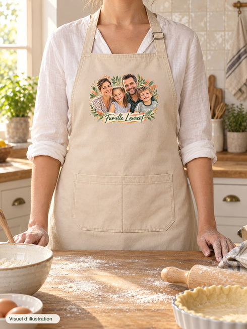 Visuel d’illustration – tablier crème porté dans une cuisine, plan de travail en bois avec farine et pâte à tarte, avec un portrait de famille fictive en style Portrait signature, texte « Famille Laurent »