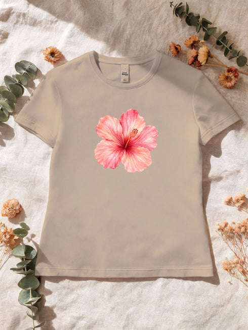 T-shirt femme hibiscus aquarelle coloris Sable à plat