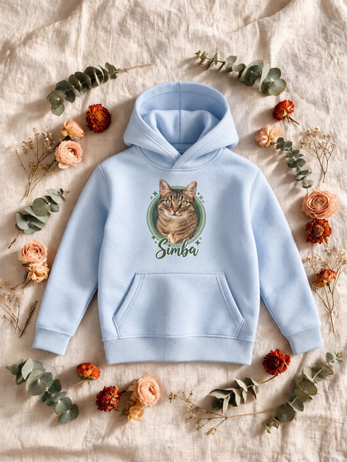 Sweat à capuche enfant blanc personnalisé avec le portrait Cercle illustré détouré de Simba, présenté à plat.