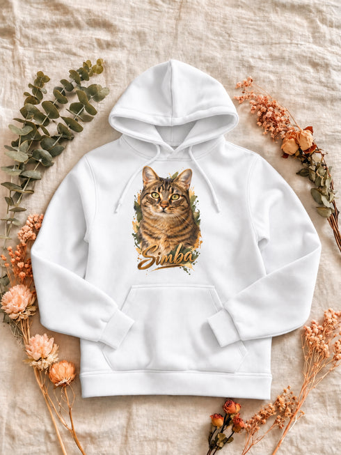 Sweat à capuche femme blanc personnalisé avec le portrait Signature détouré de Simba, présenté à plat.