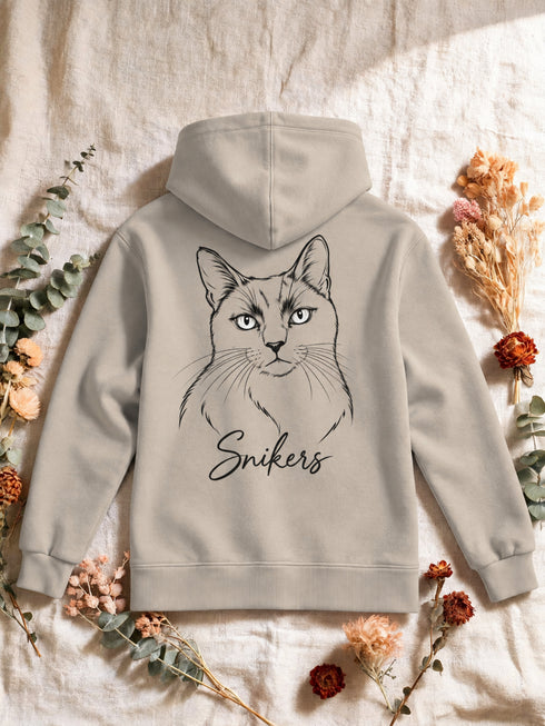 Dos d'un sweat à capuche femme sable personnalisé avec le portrait Line art détouré de Snikers.