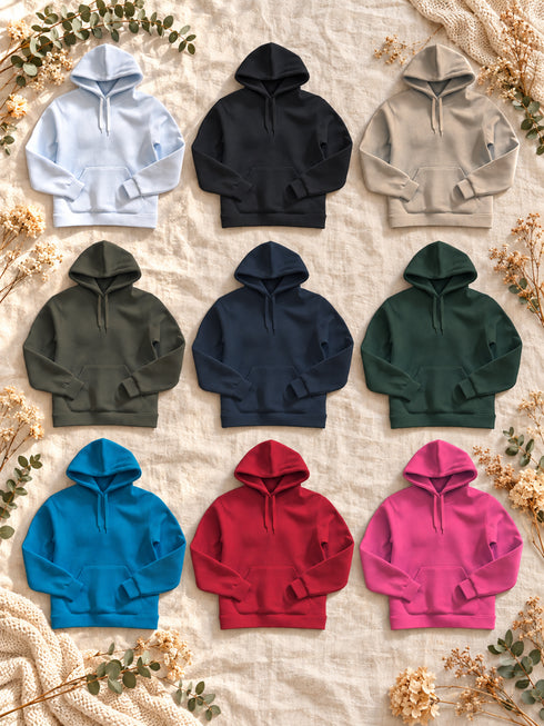 Les neuf coloris du sweat femme : blanc, noir, sable, khaki, navy, vert forêt, bleu tropical, rouge et fuchsia.