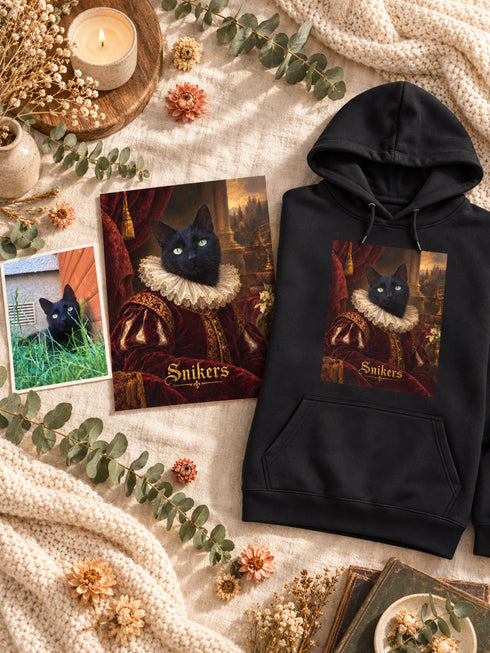 Transformation de la photo de Snikers en portrait Renaissance puis en sweat homme personnalisé.