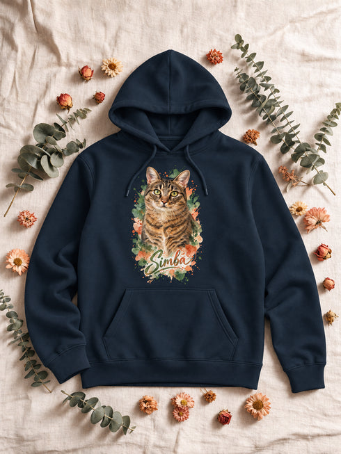 Sweat à capuche homme navy personnalisé avec le portrait aquarelle détouré de Simba, présenté à plat.