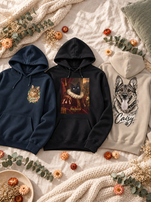 Trois sweats homme personnalisés présentant les emplacements côté cœur, grand devant et grand dos.