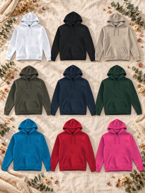 Les neuf coloris du sweat homme : blanc, noir, sable, khaki, navy, vert forêt, bleu tropical, rouge et fuchsia.
