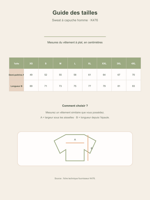 Guide des tailles du sweat à capuche homme K476 avec largeur poitrine et longueur en centimètres.