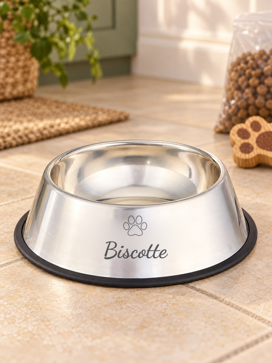 Visuel d’illustration – gamelle inox sur un carrelage de cuisine, gravée « Biscotte » (exemple)
