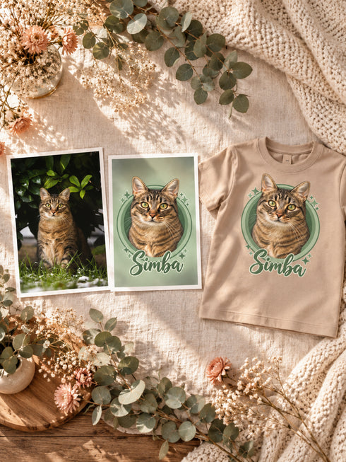 Transformation de la photo de Simba en portrait Cercle illustré puis en t-shirt enfant personnalisé.