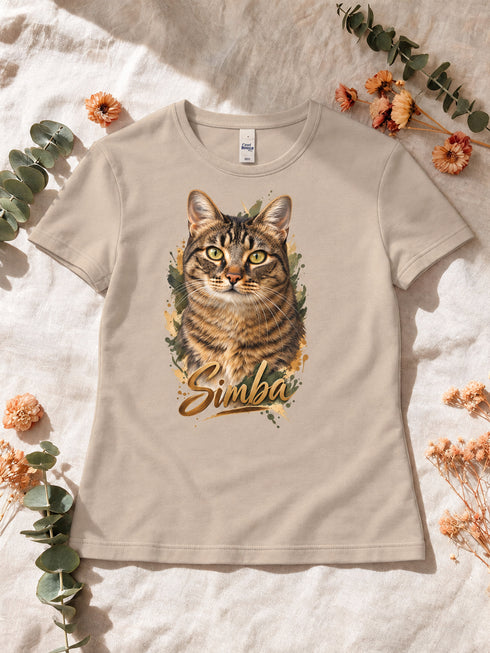 T-shirt femme sable personnalisé avec le portrait Signature détouré de Simba, sur un décor en lin et fleurs séchées.