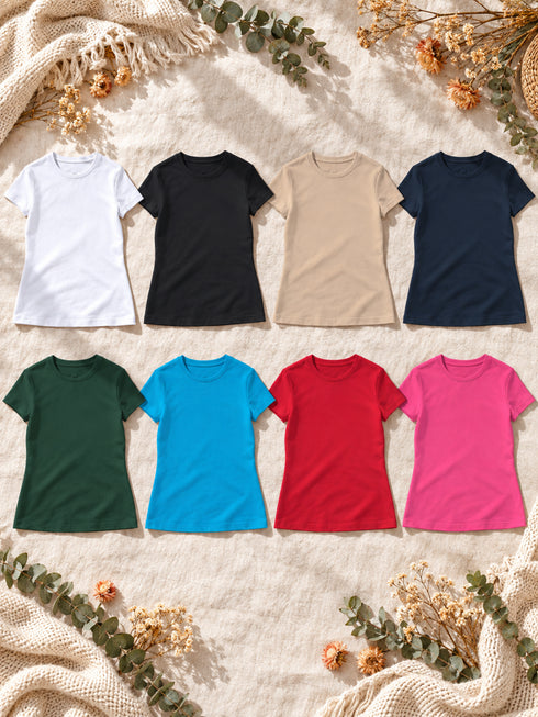 Les huit coloris du t-shirt femme : blanc, noir, sable, navy, vert forêt, bleu atoll, rouge et fuchsia.