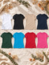Les huit coloris du t-shirt femme : blanc, noir, sable, navy, vert forêt, bleu atoll, rouge et fuchsia.