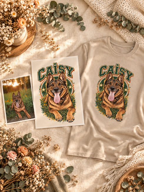 Transformation de la photo de Caisy en portrait Campus puis en t-shirt homme personnalisé.