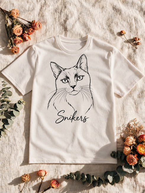 T-shirt homme écru personnalisé avec le portrait Line art détouré de Snikers, présenté à plat.