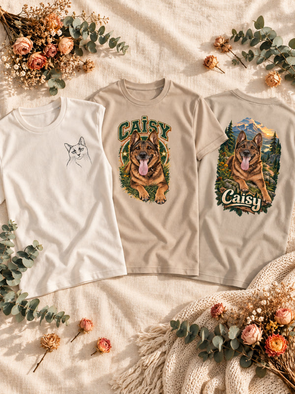 Trois t-shirts homme personnalisés présentant les emplacements côté cœur, grand devant et grand dos.