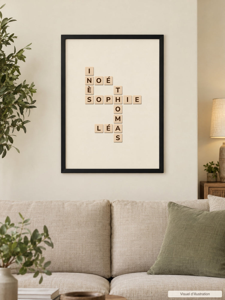 Visuel d’illustration – cadre noir avec les prénoms d’une famille croisés en lettres de bois, accroché au mur d’un salon