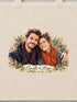 Visuel d’illustration – gros plan du portrait imprimé sur le coton naturel du tote bag, avec un portrait de couple fictif en style Portrait signature, prénoms « Camille & Hugo »