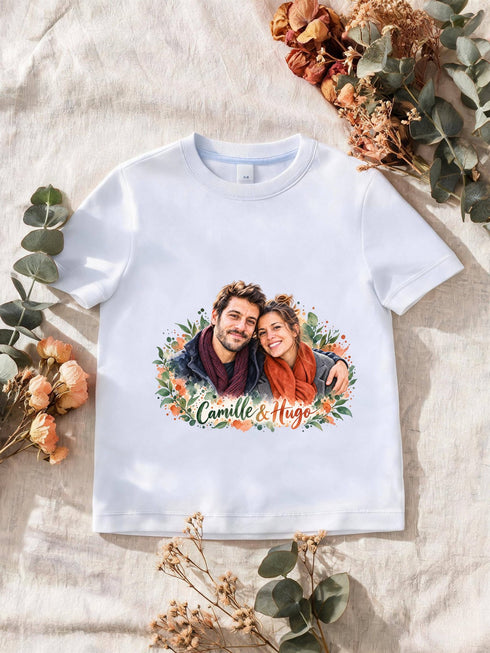 T-shirt blanc avec un portrait de couple en aquarelle