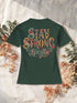 T-shirt femme vert forêt, message bien-être fleuri imprimé au dos