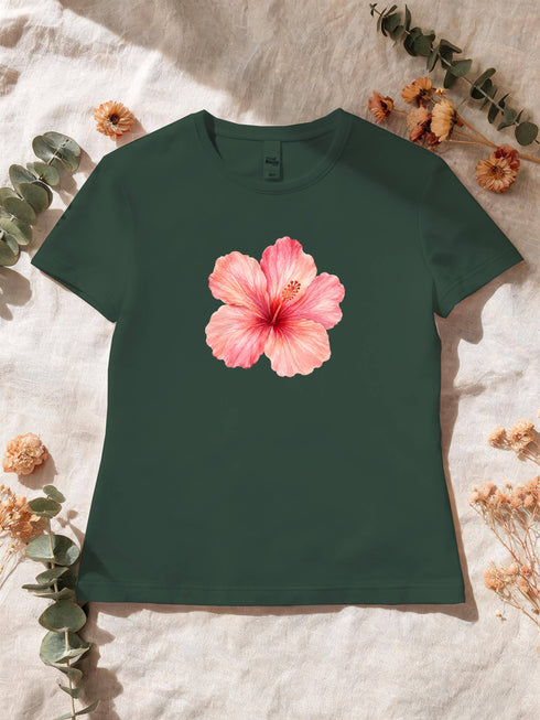 T-shirt femme hibiscus aquarelle coloris Vert Forêt à plat