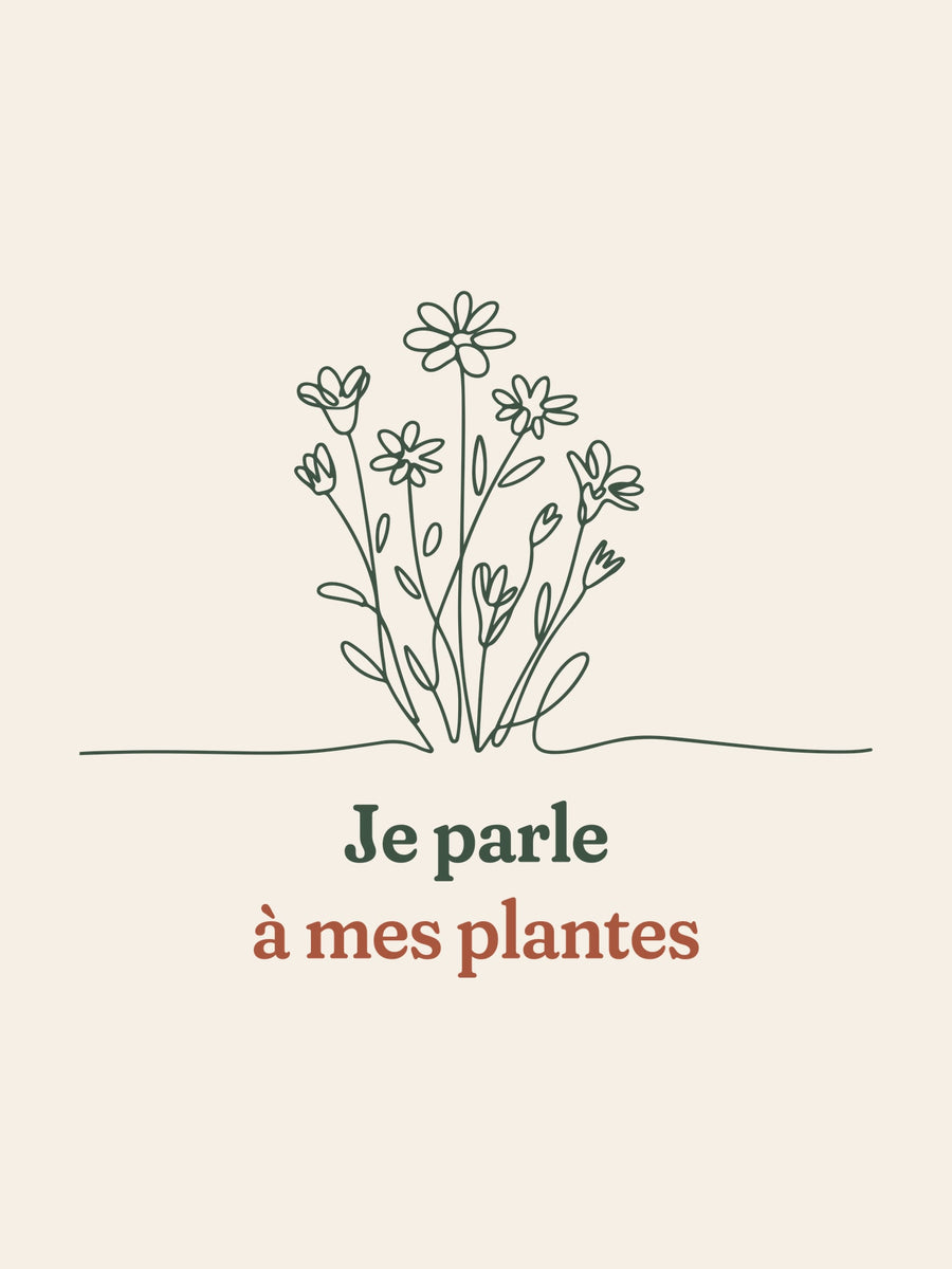 Visuel d’illustration – gros plan du motif : un bouquet de fleurs des champs, dessiné d’un seul trait continu et « Je parle à mes plantes »