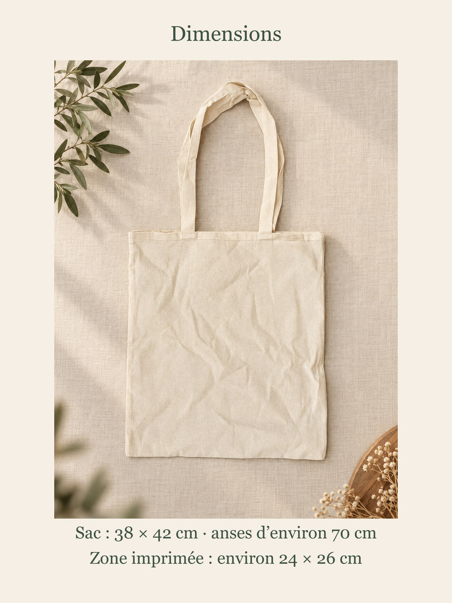 Visuel d’illustration – dimensions du tote bag : 38 × 42 cm