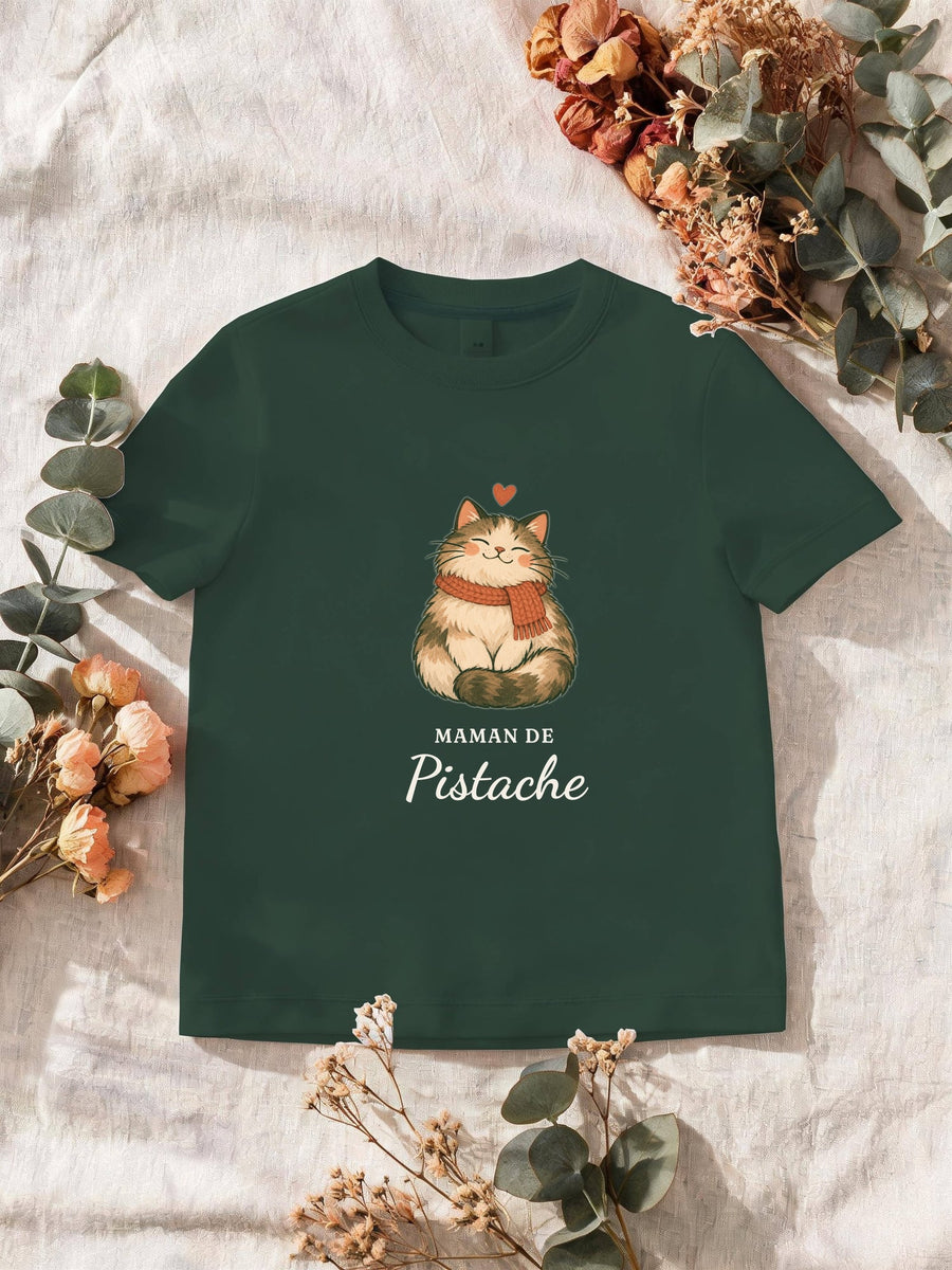 Visuel d’illustration – T-shirt homme vert forêt avec le motif un chat en écharpe et « Maman de Pistache » (exemple de prénom)