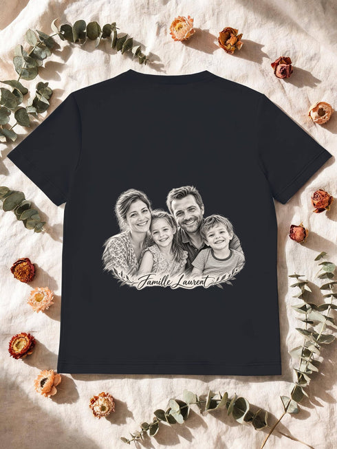 Dos d’un t-shirt noir avec un portrait de famille au crayon