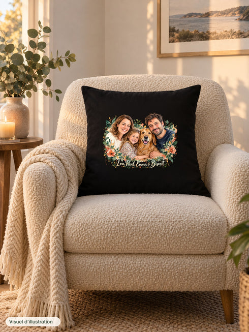 Visuel d’illustration – housse de coussin noire sur un fauteuil crème, avec un plaid, une bougie et de l’eucalyptus, avec le portrait à l’aquarelle d’une famille et de son chien, texte clair « Lou, Paul, Emma & Biscuit »