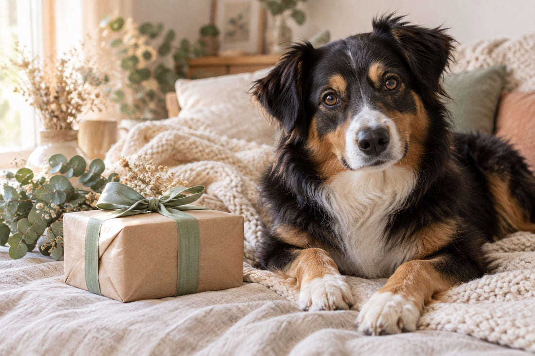 Chien tricolore couché sur un plaid crème à côté d’un cadeau emballé d’un ruban vert sauge.