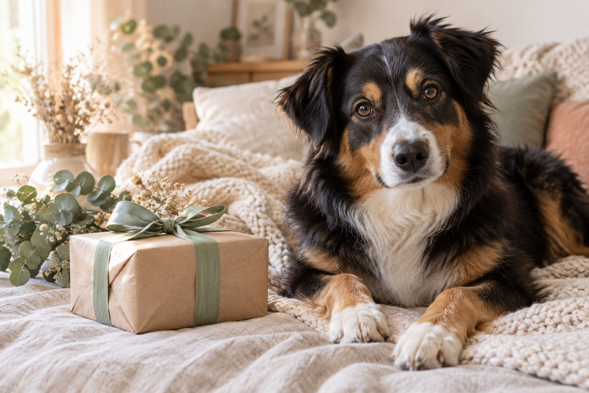 Chien tricolore couché sur un plaid crème à côté d’un cadeau emballé d’un ruban vert sauge.