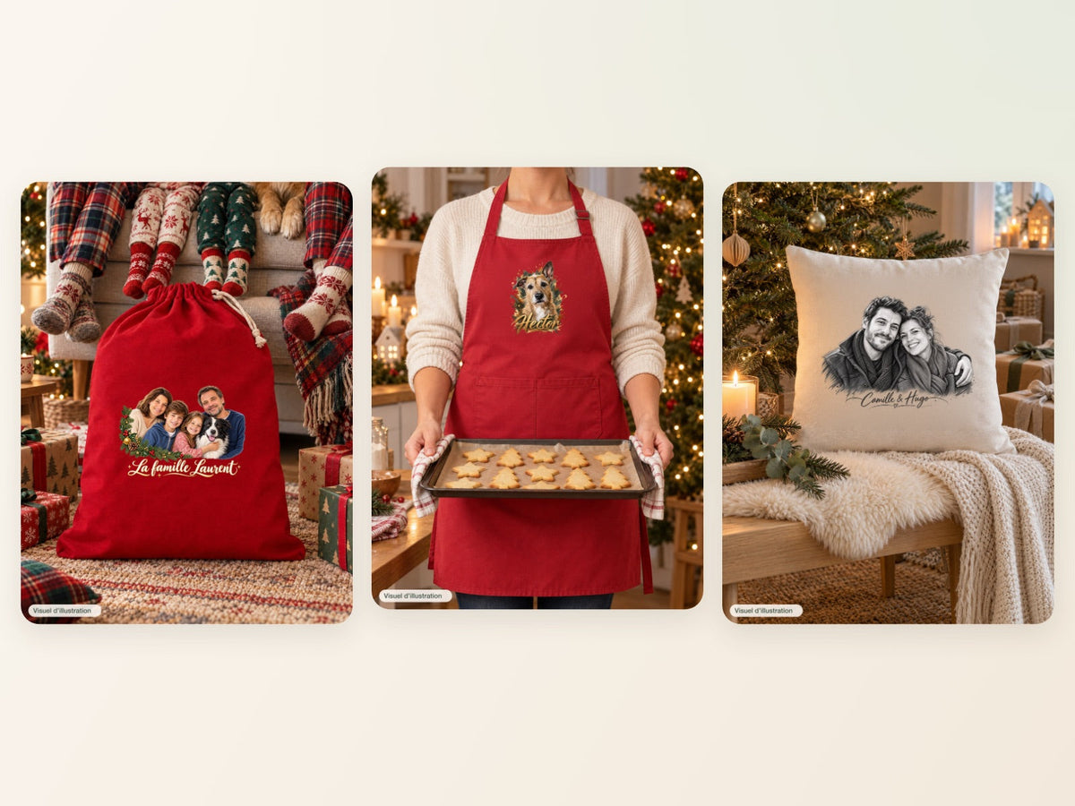 Visuel d’illustration : au pied du sapin, une hotte de Noël au portrait d’une famille et de son chien, un tablier rouge au portrait d’Hector, chien fictif, et une housse de coussin au portrait d’un couple