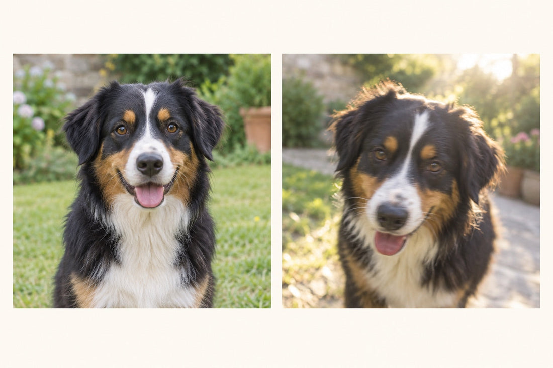 Illustration comparant deux photos du même chien : portrait net en lumière douce à gauche, image moins nette en contre-jour à droite.