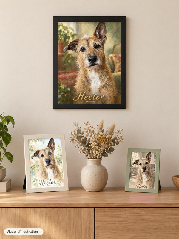Visuel d’illustration – les trois tailles : cadre noir 30 × 40 cm accroché au mur, cadres 21 × 30 cm blanc et 13 × 18 cm vert posés sur un buffet, avec le portrait peint d’Hector, chien fictif, style plein cadre Peinture et le portrait d’Hector, chien fictif, style plein cadre Aquarelle et le portrait d’Hector, chien fictif, style plein cadre Crayon sur papier
