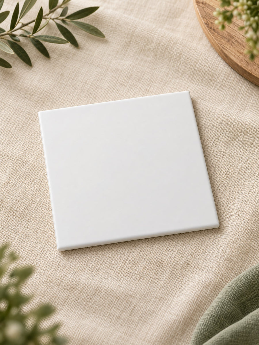 Visuel d’illustration – carreau de céramique blanc mat vierge de 15 × 15 cm, posé sur un lin crème