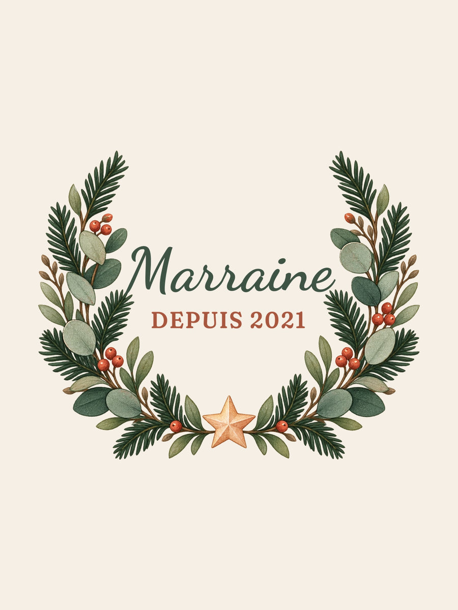 Visuel d’illustration – gros plan du motif : une couronne de sapin et « Marraine depuis 2021 » (exemple d’année)